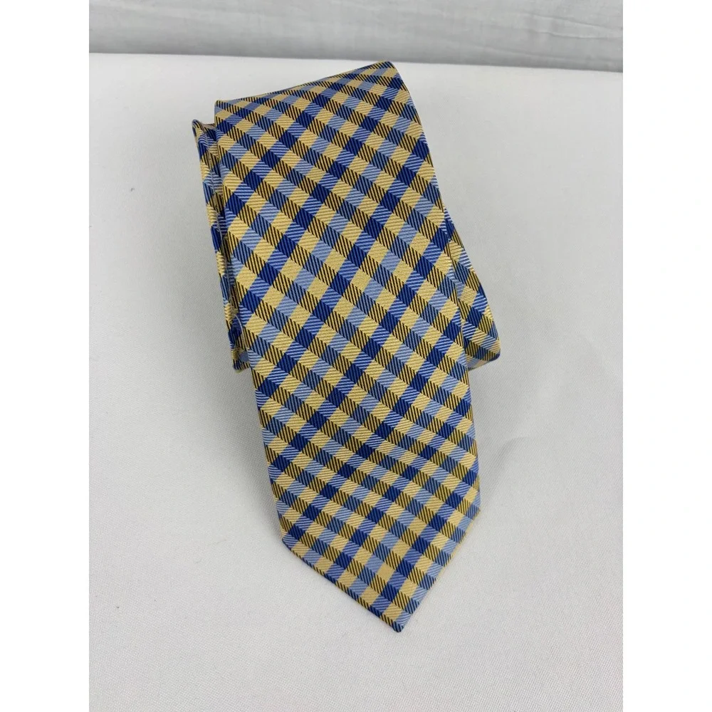 Haines & Bonner‎ London Silk Tie Yellow Blue Gingham Check Handmade Mens